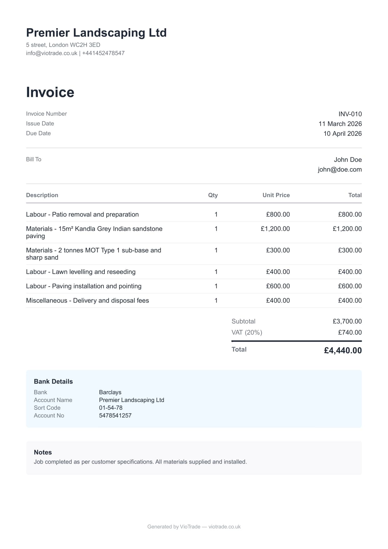 VioTrade professional PDF invoice with branding