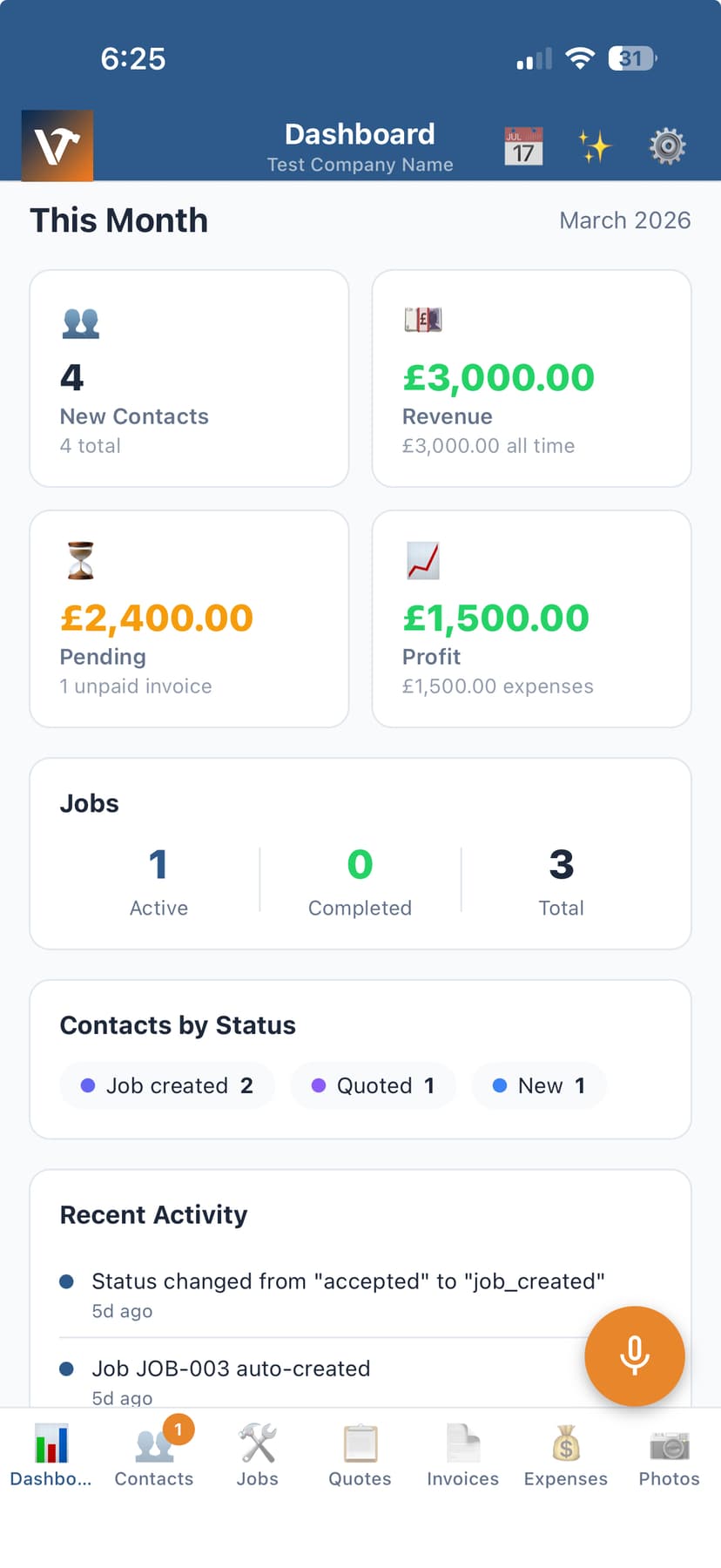 VioTrade mobile app showing revenue, contacts, jobs, and business metrics