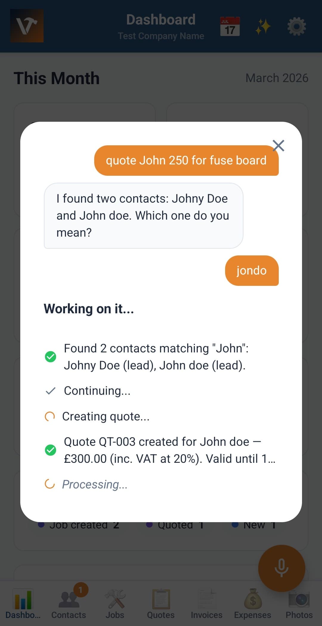 VioTrade AI Voice Agent creating a quote by voice command